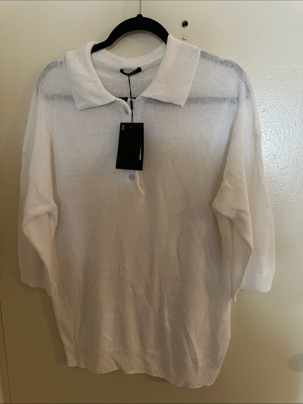 NWT Massimo Dutti Women Solid Linen Collared Button Pullover Sweater White S
